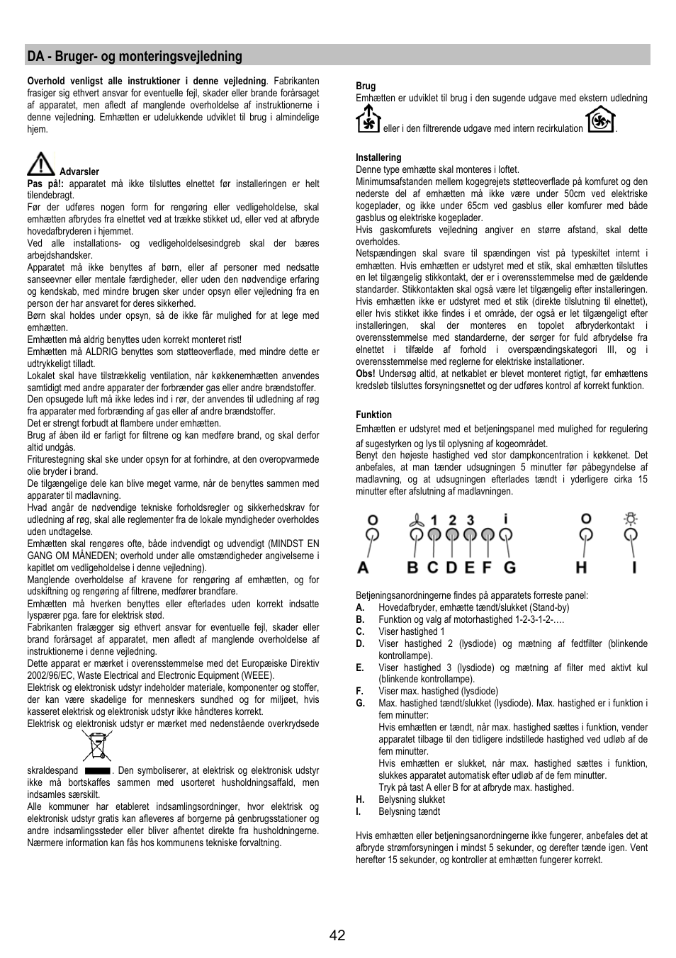 Da - bruger- og monteringsvejledning | AEG DI8610-M User Manual | Page 42 / 76