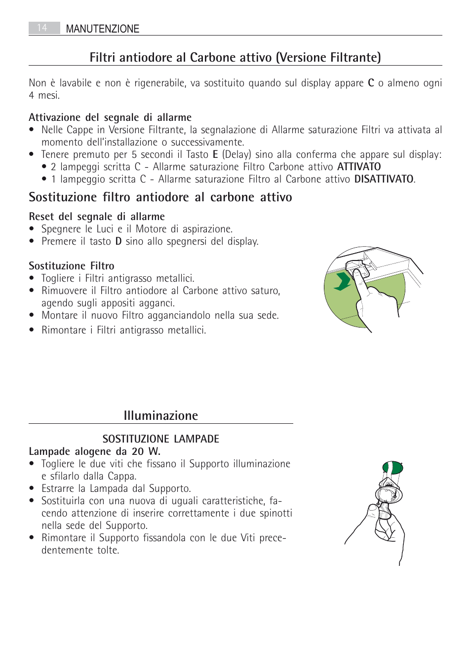 Sostituzione filtro antiodore al carbone attivo, Illuminazione | AEG DI7490-M User Manual | Page 14 / 88