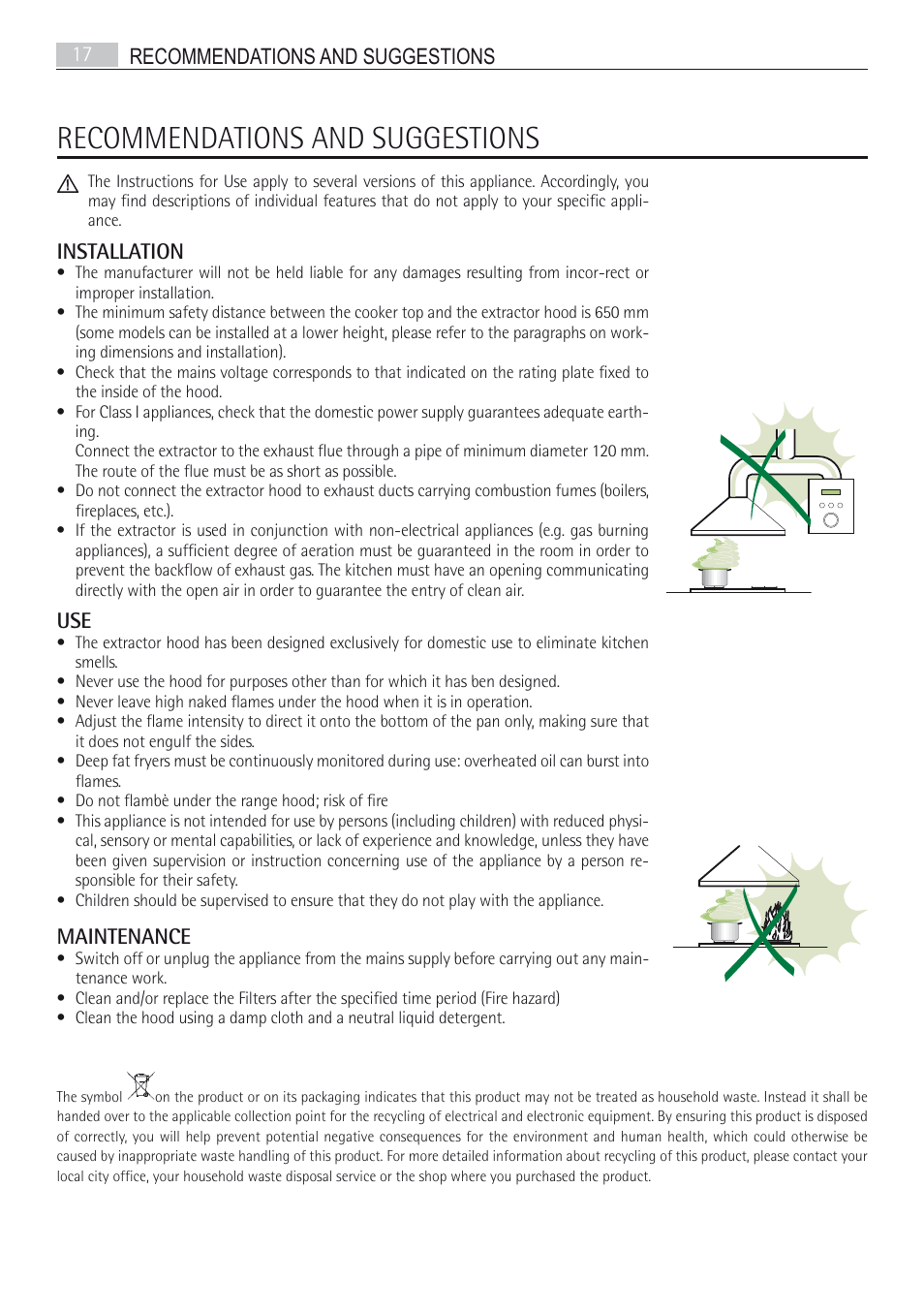 Recommendations and suggestions, Recommendations and suggestions 17, Installation | Maintenance | AEG DI7490-M User Manual | Page 17 / 88