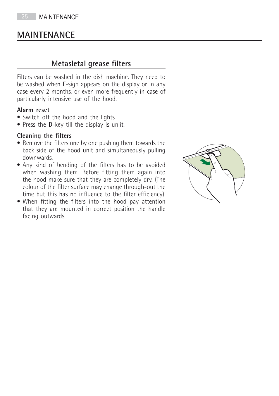 Maintenance, Metasletal grease filters | AEG DI7490-M User Manual | Page 25 / 88