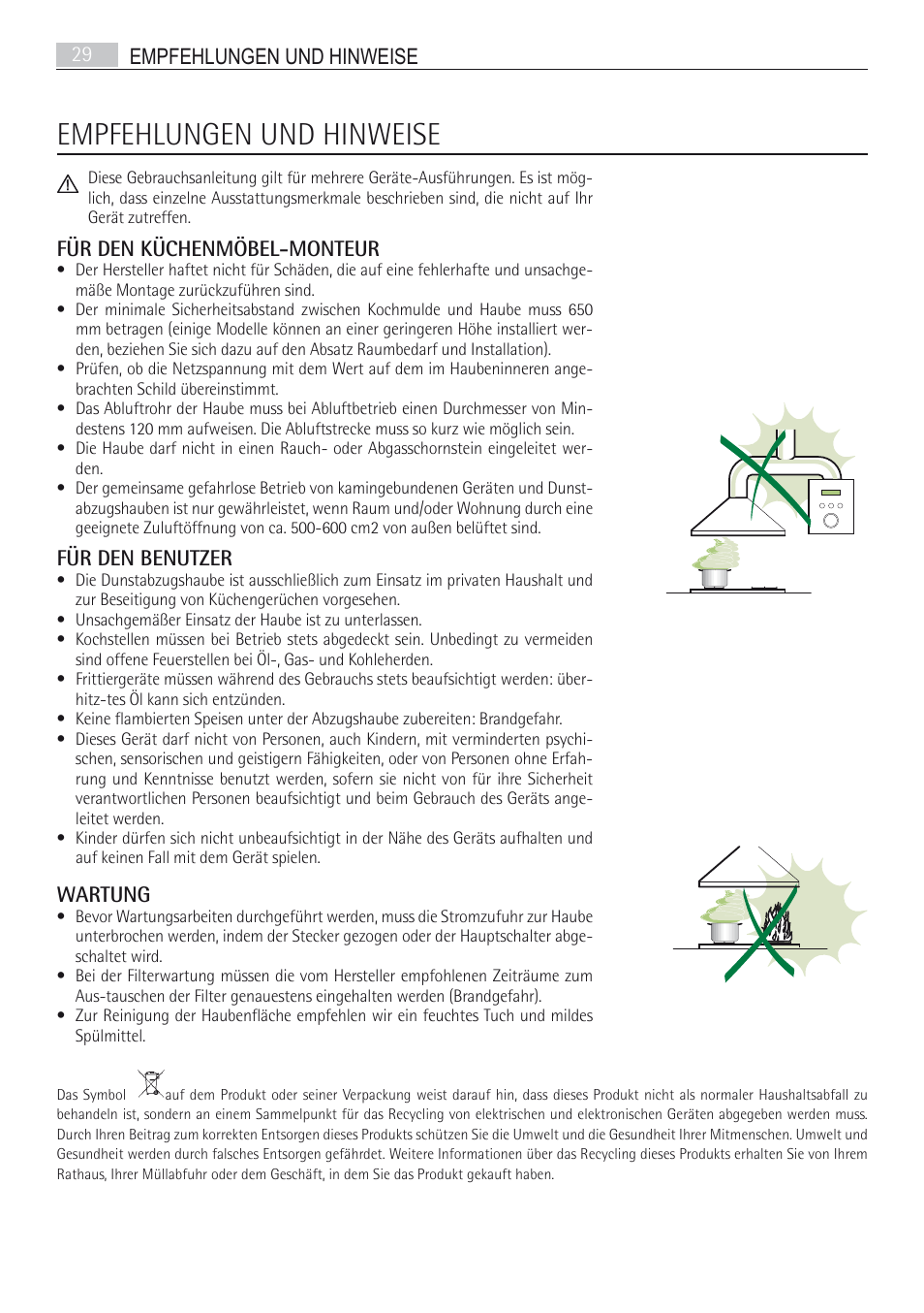 Empfehlungen und hinweise, Empfehlungen und hinweise 29, Für den küchenmöbel-monteur | Für den benutzer, Wartung | AEG DI7490-M User Manual | Page 29 / 88