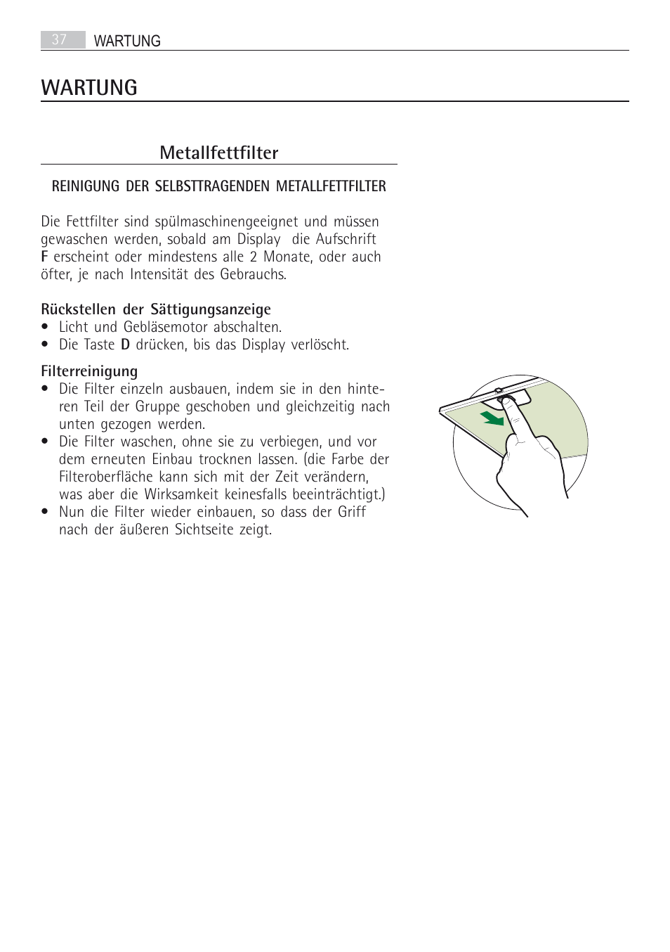 Wartung, Metallfettfilter | AEG DI7490-M User Manual | Page 37 / 88