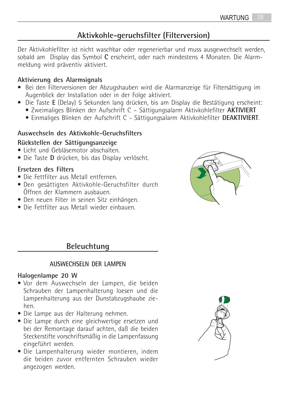 Aktivkohle-geruchsfilter (filterversion), Beleuchtung | AEG DI7490-M User Manual | Page 38 / 88