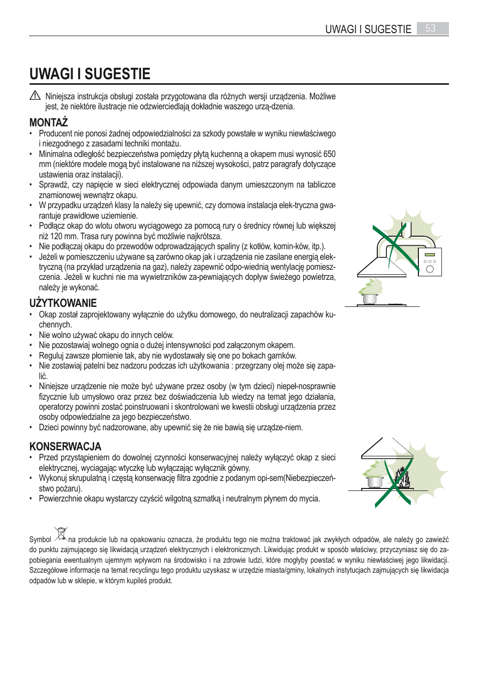 Uwagi i sugestie, Uwagi i sugestie 53, Montaż | Użytkowanie, Konserwacja | AEG DI7490-M User Manual | Page 53 / 88