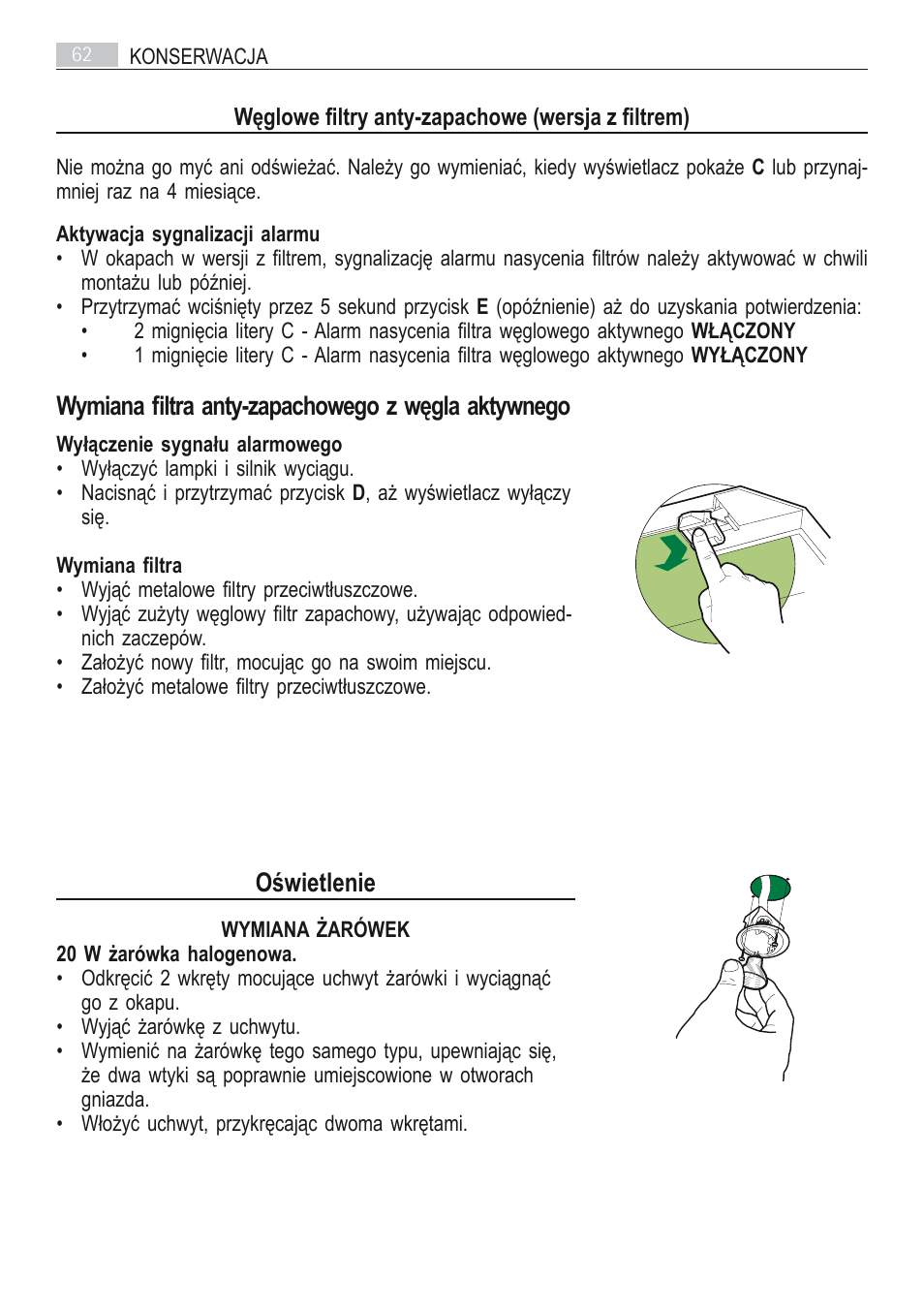Wymiana filtra anty-zapachowego z węgla aktywnego, Oświetlenie | AEG DI7490-M User Manual | Page 62 / 88