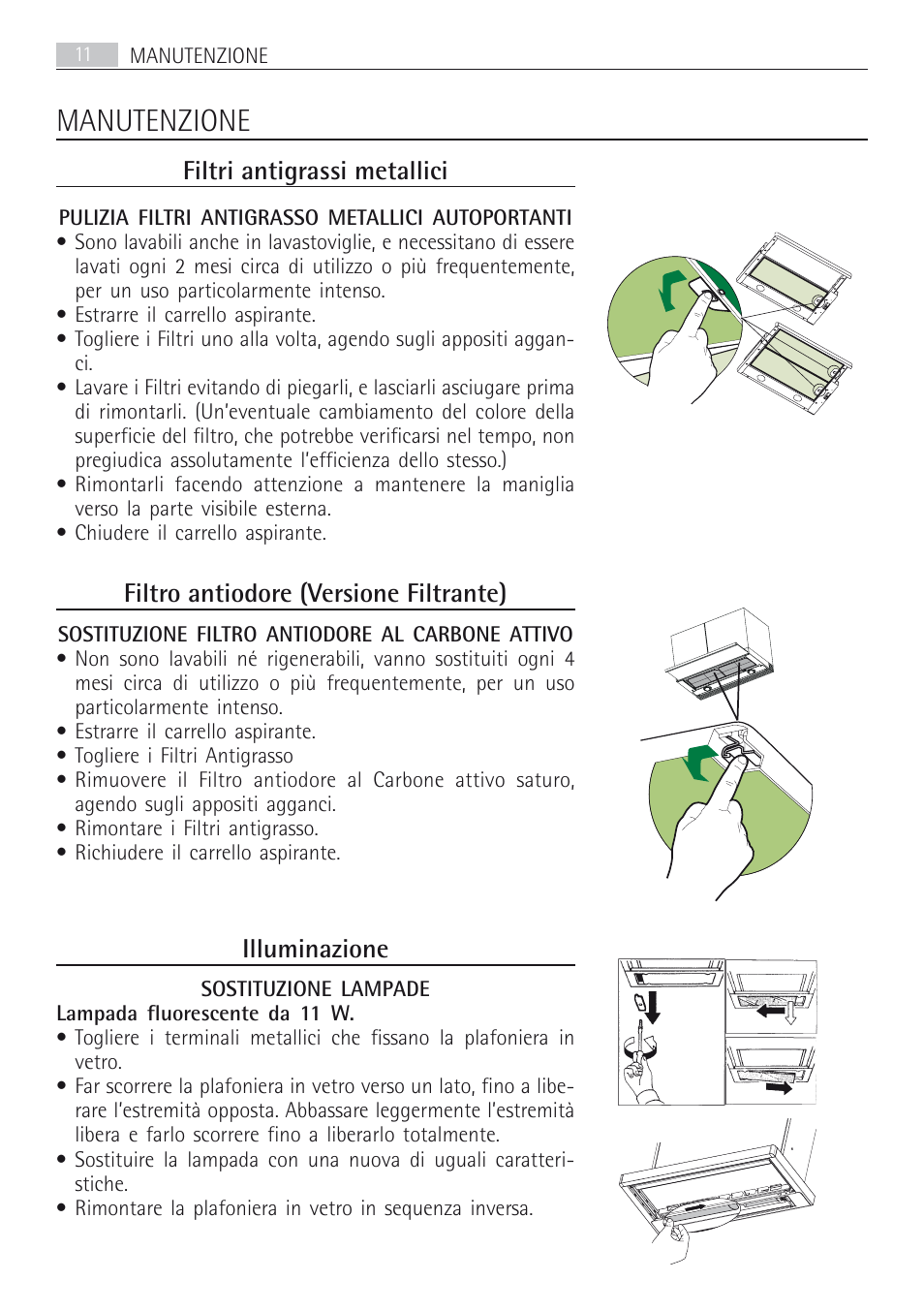 Manutenzione, Filtri antigrassi metallici, Filtro antiodore (versione filtrante) | Illuminazione | AEG DF7190-M User Manual | Page 11 / 40