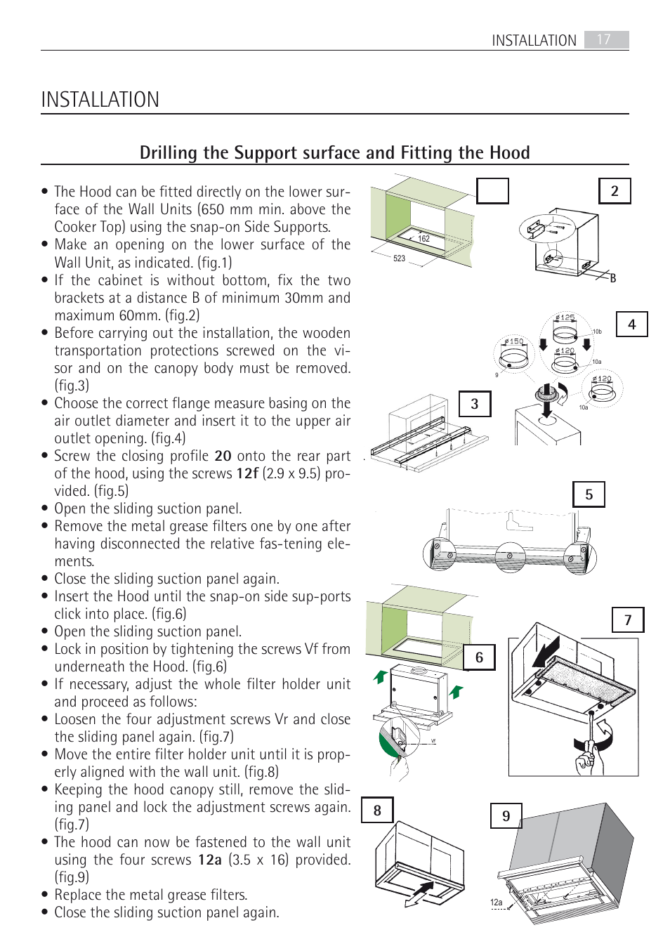 Montage, Installation, Drilling the support surface and fitting the hood | De 1 10 | AEG DF7190-M User Manual | Page 17 / 40