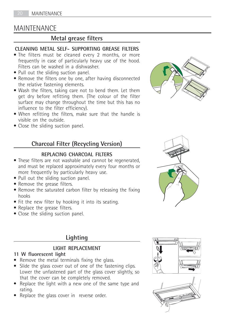 Maintenance, Metal grease filters, Charcoal filter (recycling version) | Lighting | AEG DF7190-M User Manual | Page 20 / 40