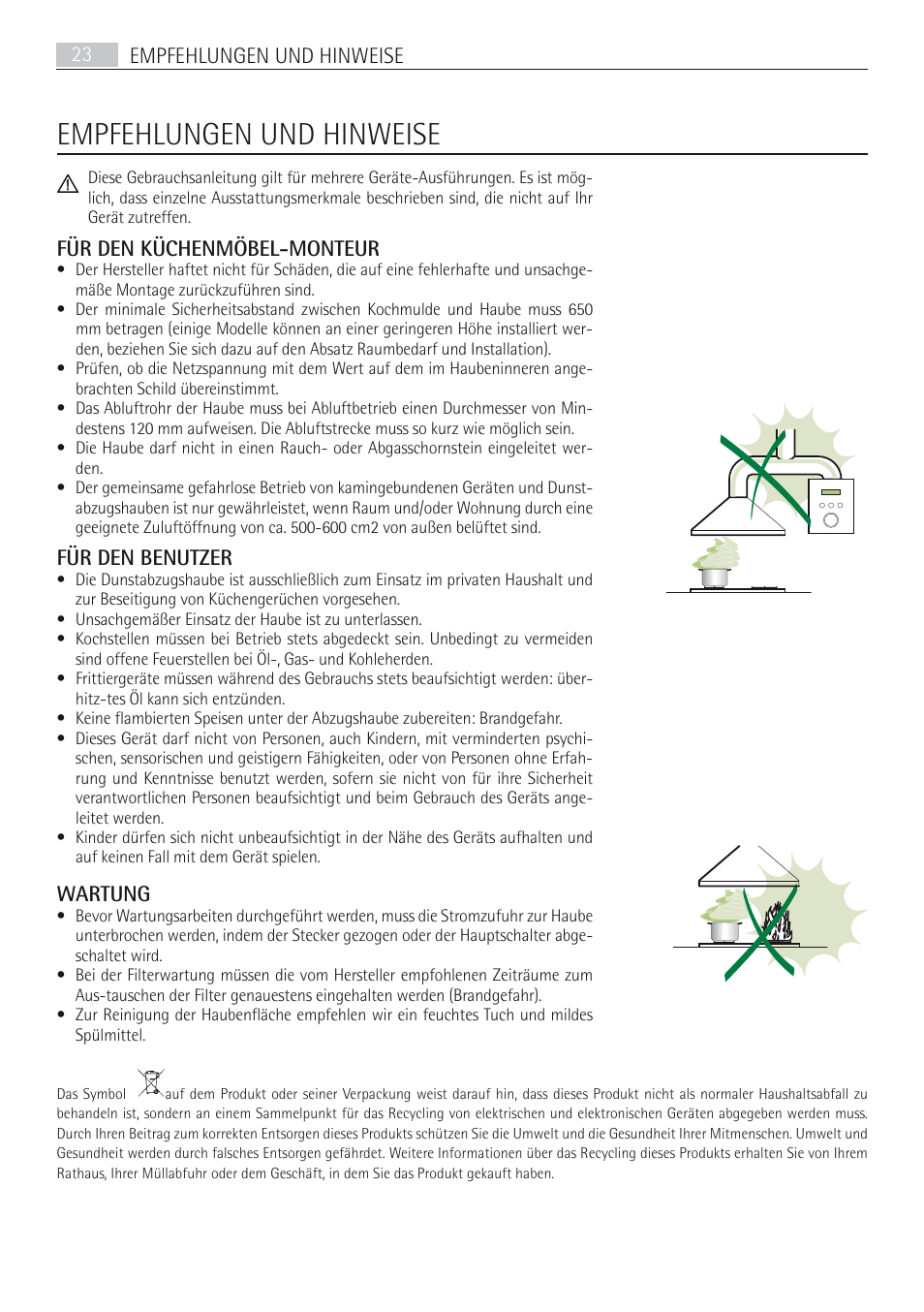 Empfehlungen und hinweise, Empfehlungen und hinweise 23, Für den küchenmöbel-monteur | Für den benutzer, Wartung | AEG DF7190-M User Manual | Page 23 / 40