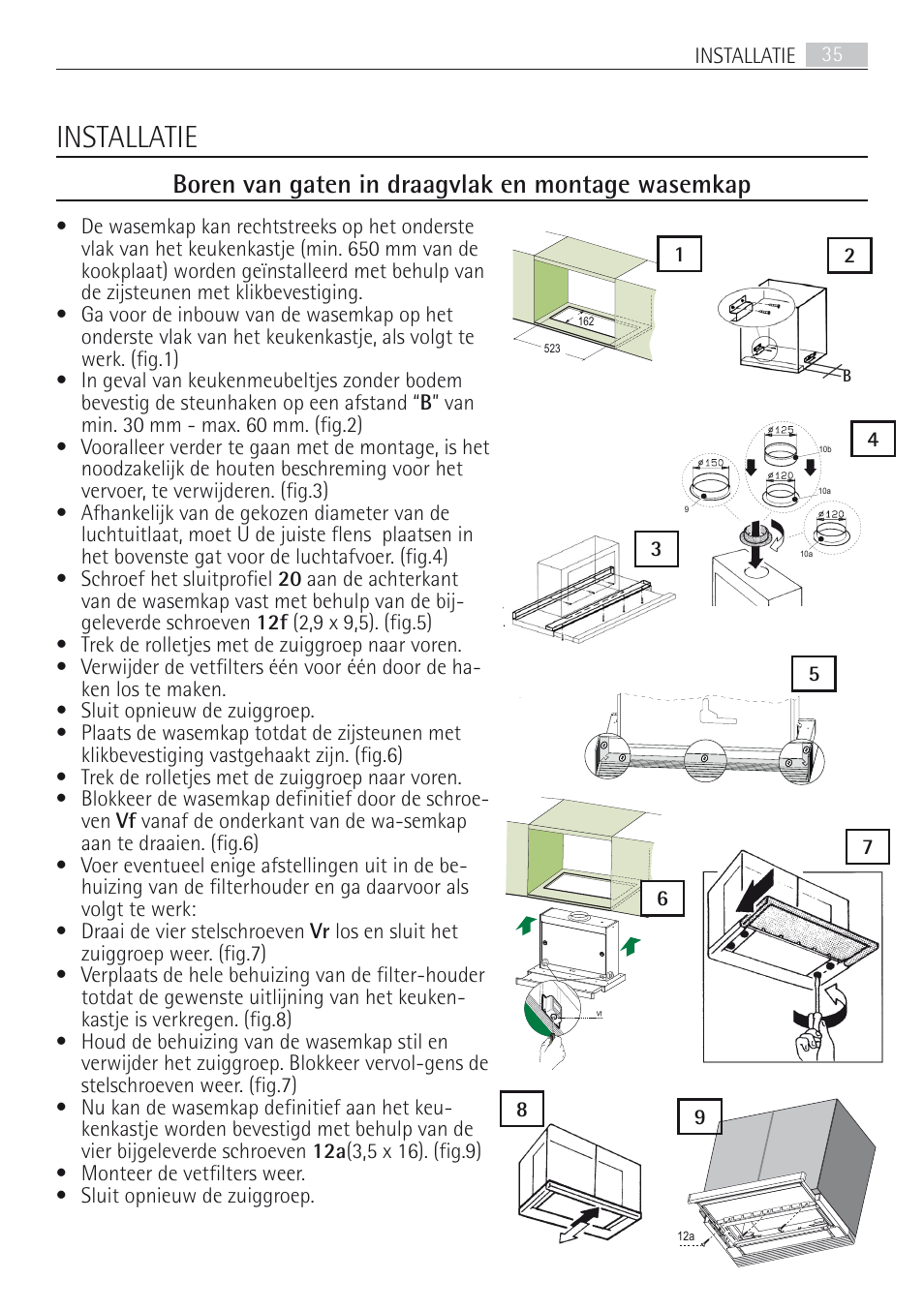 Montage, Installatie, Boren van gaten in draagvlak en montage wasemkap | De 1 10 | AEG DF7190-M User Manual | Page 35 / 40