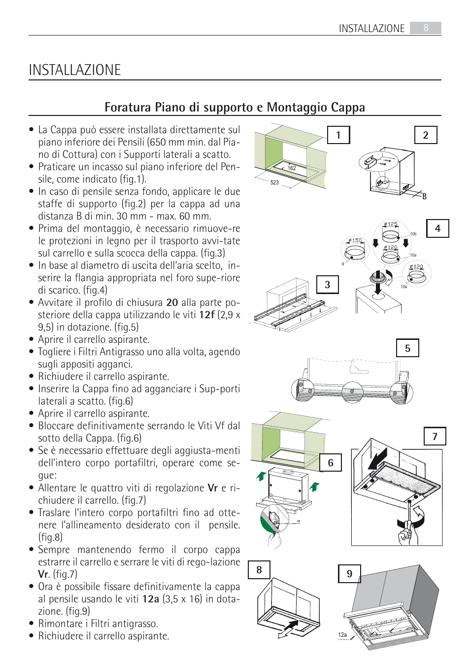 Montage, Installazione, Foratura piano di supporto e montaggio cappa | De 1 10 | AEG DF7190-M User Manual | Page 8 / 40