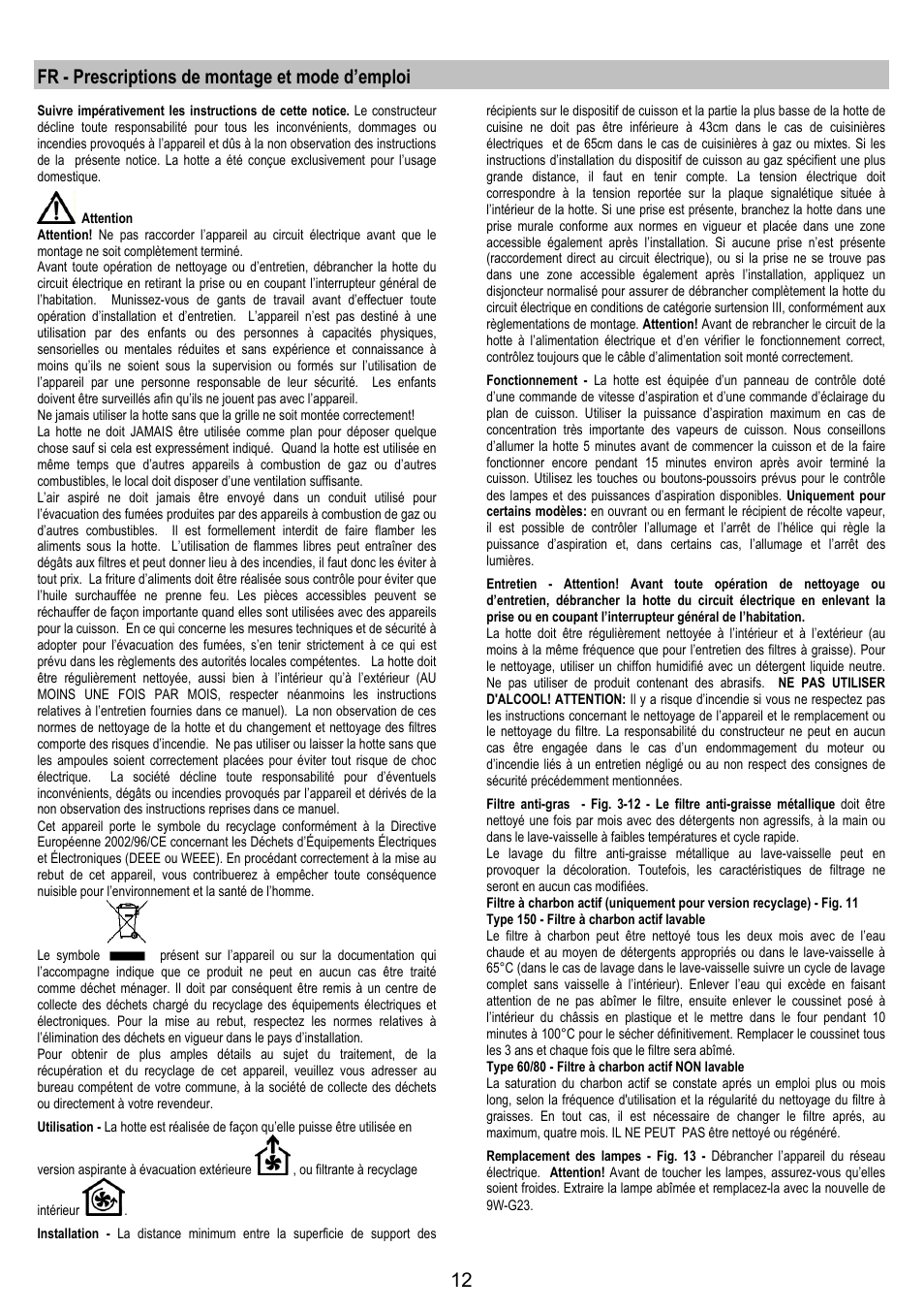 Fr - prescriptions de montage et mode d’emploi | AEG DF6260ML User Manual | Page 12 / 52