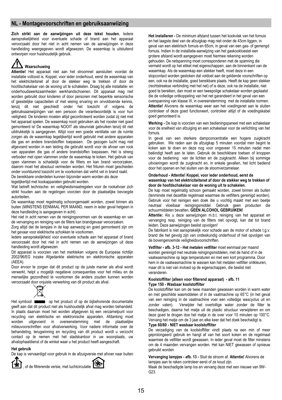 Nl - montagevoorschriften en gebruiksaanwiizing | AEG DF6260ML User Manual | Page 15 / 52