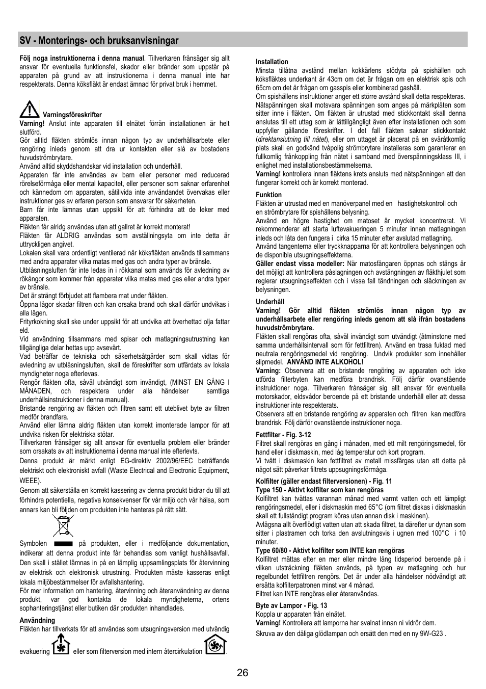 Sv - monterings- och bruksanvisningar | AEG DF6260ML User Manual | Page 26 / 52