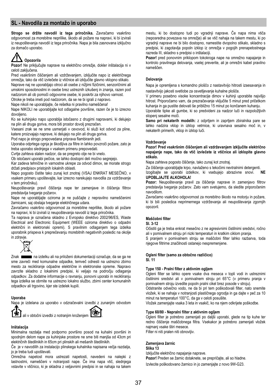 Sl - navodila za montažo in uporabo | AEG DF6260ML User Manual | Page 37 / 52