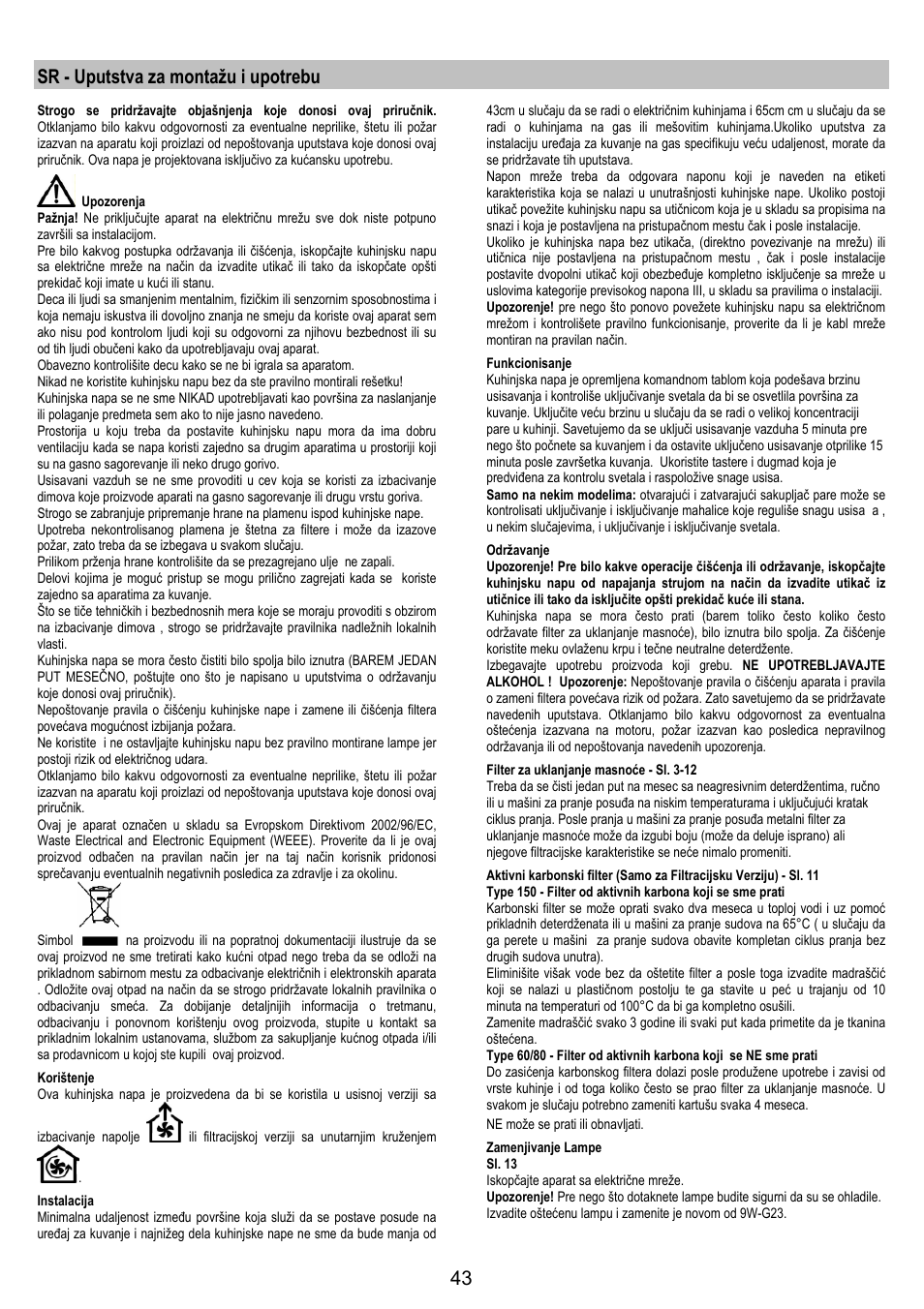 Sr - uputstva za montažu i upotrebu | AEG DF6260ML User Manual | Page 43 / 52