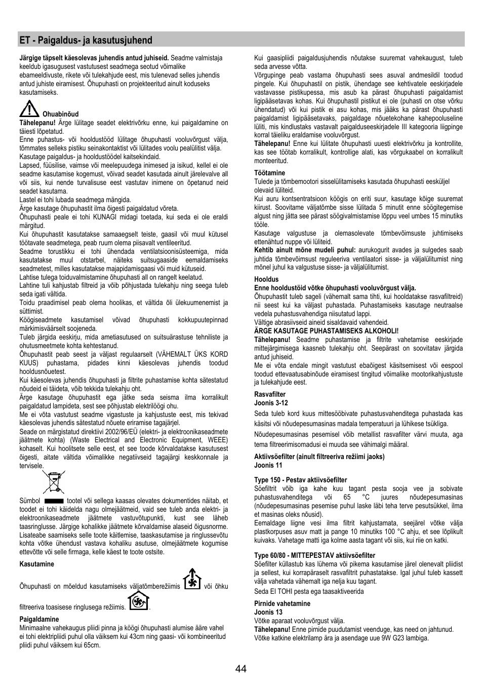 Et - paigaldus- ja kasutusjuhend | AEG DF6260ML User Manual | Page 44 / 52