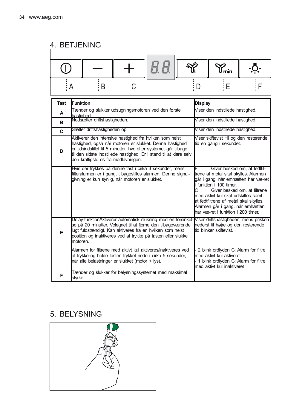 Betjening, Belysning | AEG X79263MV0 User Manual | Page 34 / 96