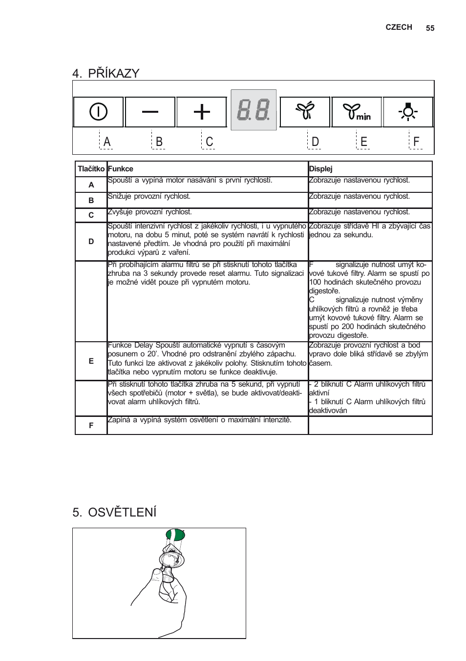 Příkazy, Osvětlení | AEG X79263MV0 User Manual | Page 55 / 96