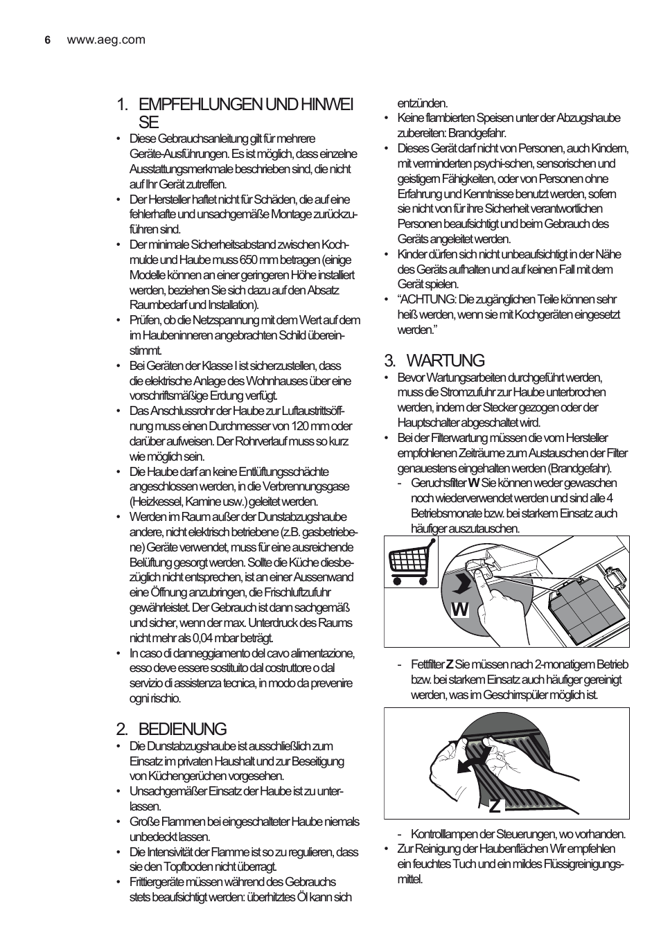 Empfehlungen und hinwei se, Bedienung, Wartung | AEG X79263MV0 User Manual | Page 6 / 96