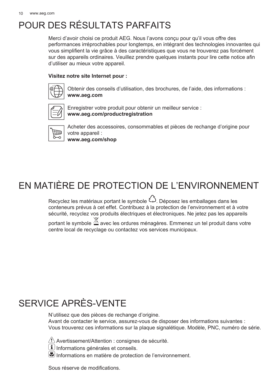 Pour des résultats parfaits, En matière de protection de l’environnement, Service après-vente | AEG X78263BV1 User Manual | Page 10 / 128