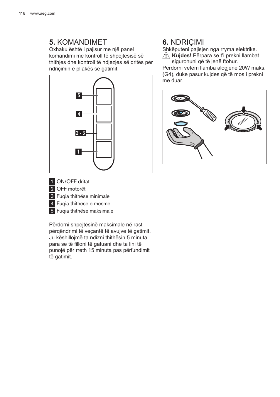 Komandimet, Ndriçimi | AEG X78263BV1 User Manual | Page 118 / 128