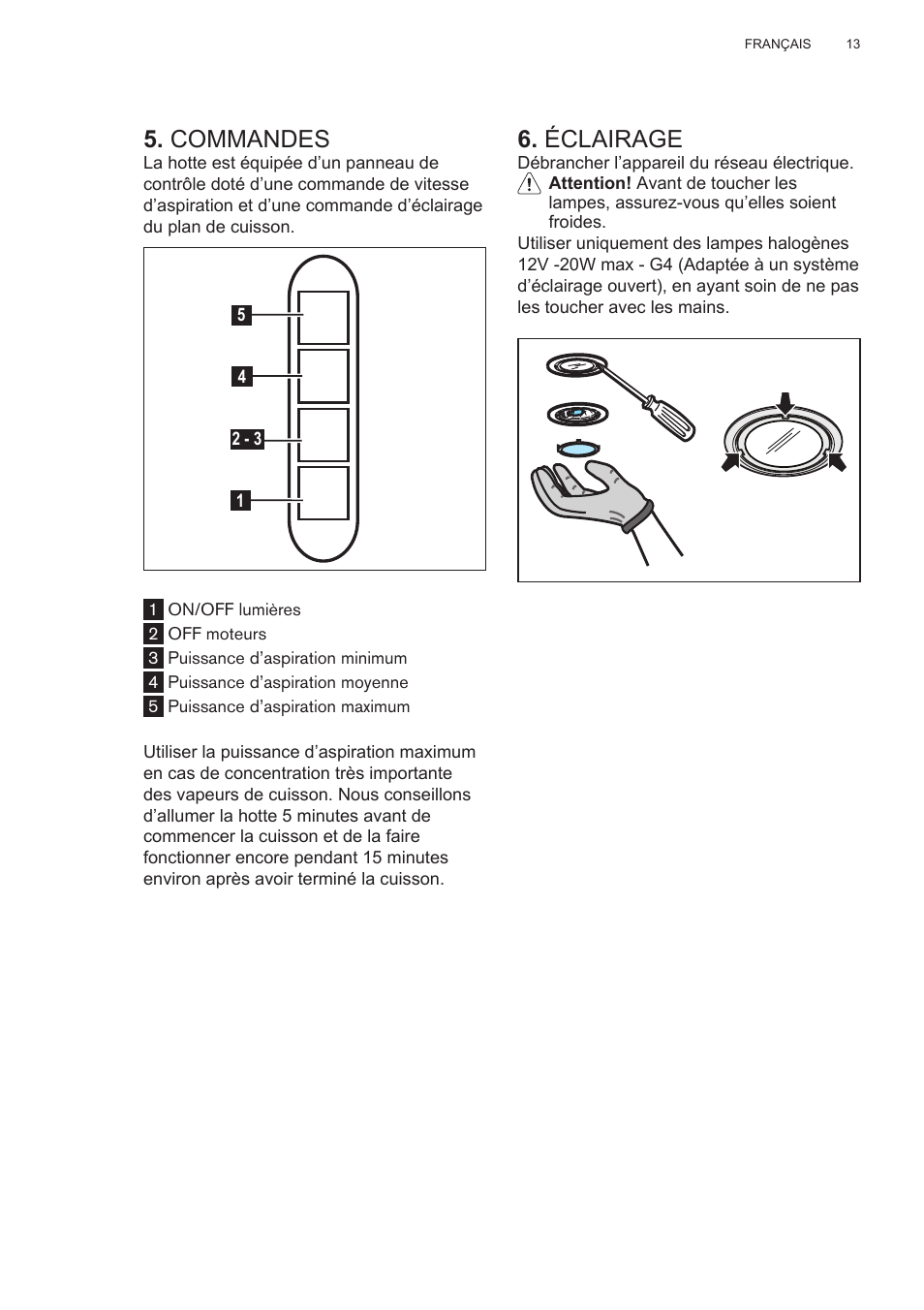 Commandes, Éclairage | AEG X78263BV1 User Manual | Page 13 / 128