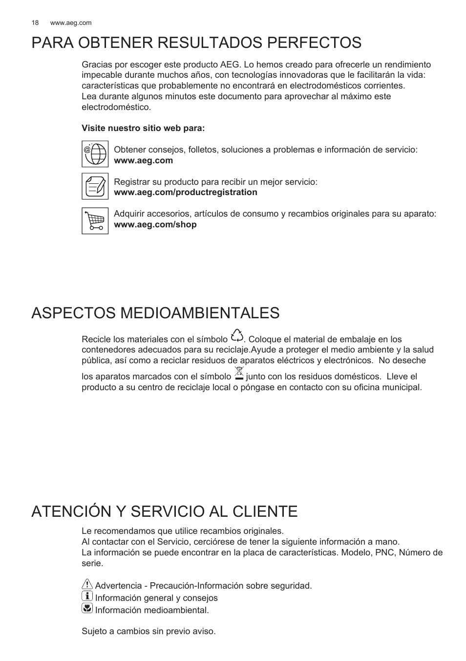 Para obtener resultados perfectos, Aspectos medioambientales, Atención y servicio al cliente | AEG X78263BV1 User Manual | Page 18 / 128