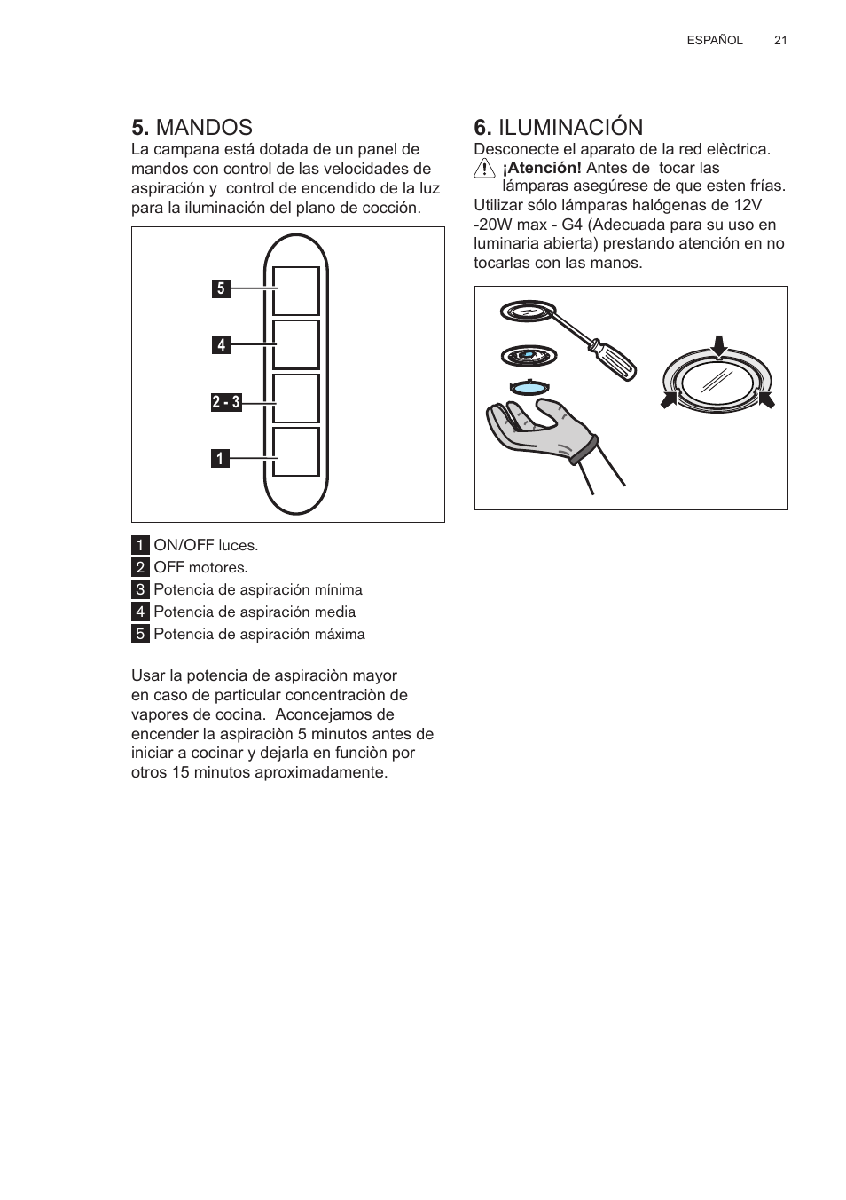 Mandos, Iluminación | AEG X78263BV1 User Manual | Page 21 / 128