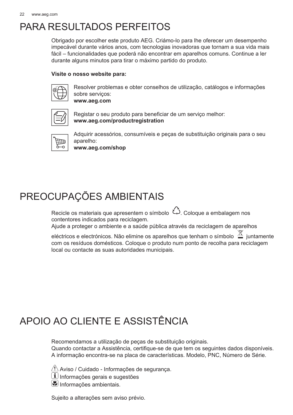 Para resultados perfeitos, Preocupações ambientais, Apoio ao cliente e assistência | AEG X78263BV1 User Manual | Page 22 / 128