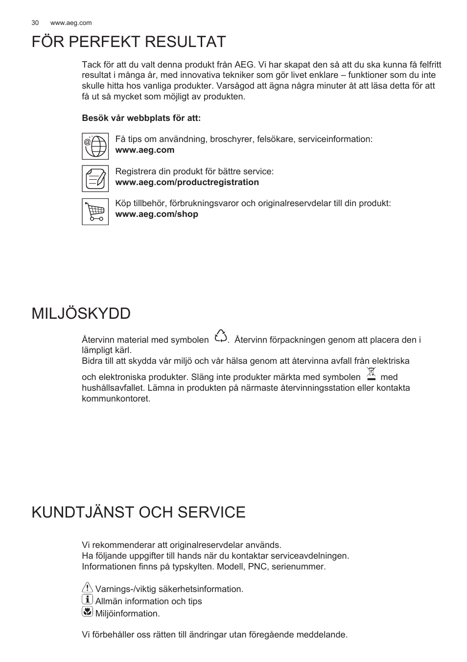 För perfekt resultat, Miljöskydd, Kundtjänst och service | AEG X78263BV1 User Manual | Page 30 / 128