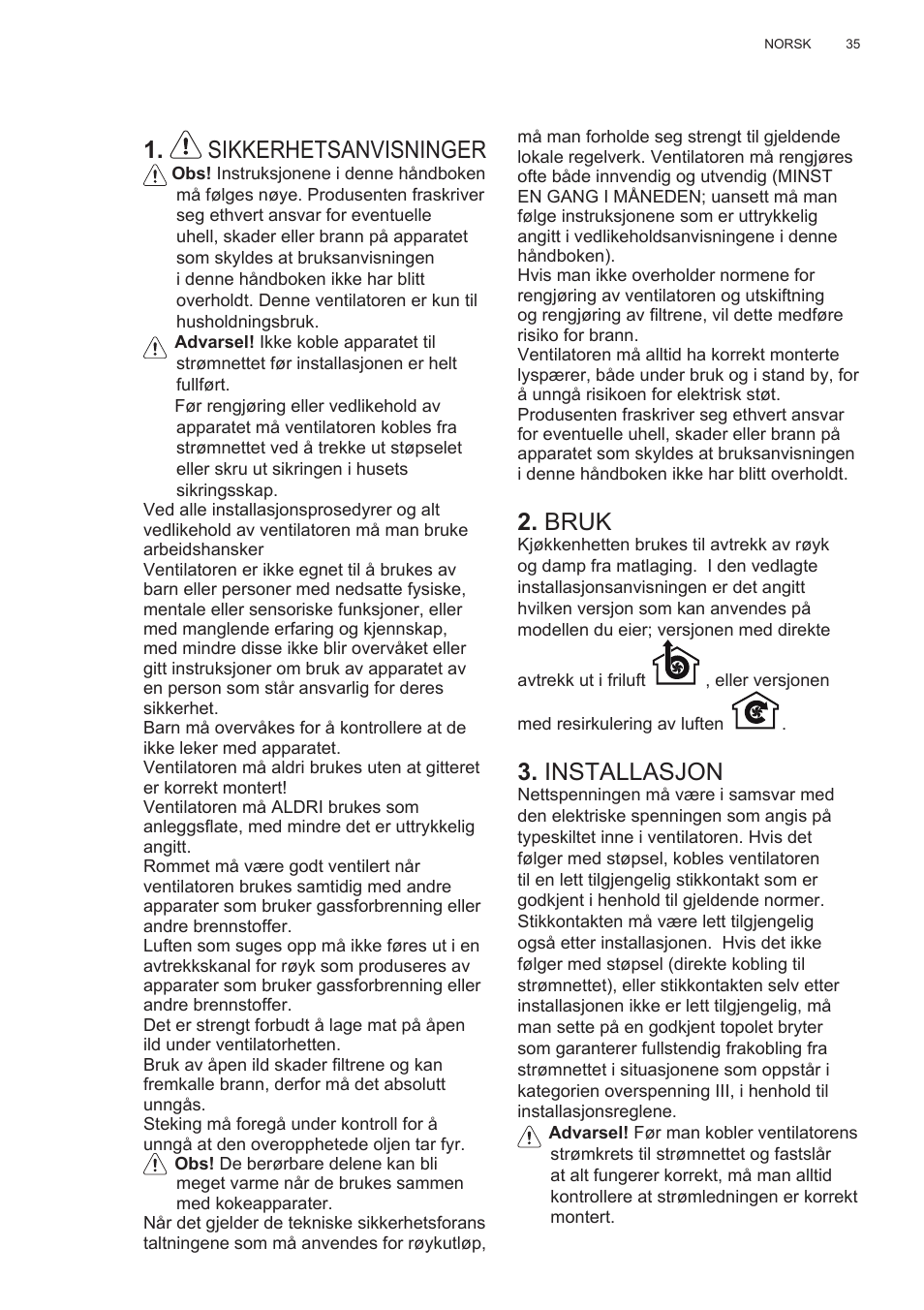 Sikkerhetsanvisninger, Bruk, Installasjon | AEG X78263BV1 User Manual | Page 35 / 128