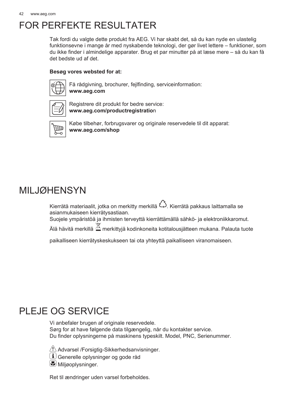 For perfekte resultater, Miljøhensyn, Pleje og service | AEG X78263BV1 User Manual | Page 42 / 128