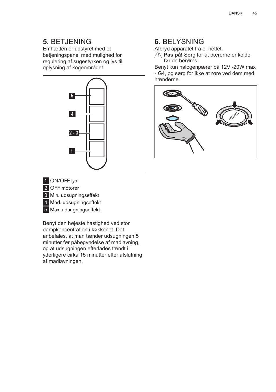 Betjening, Belysning | AEG X78263BV1 User Manual | Page 45 / 128