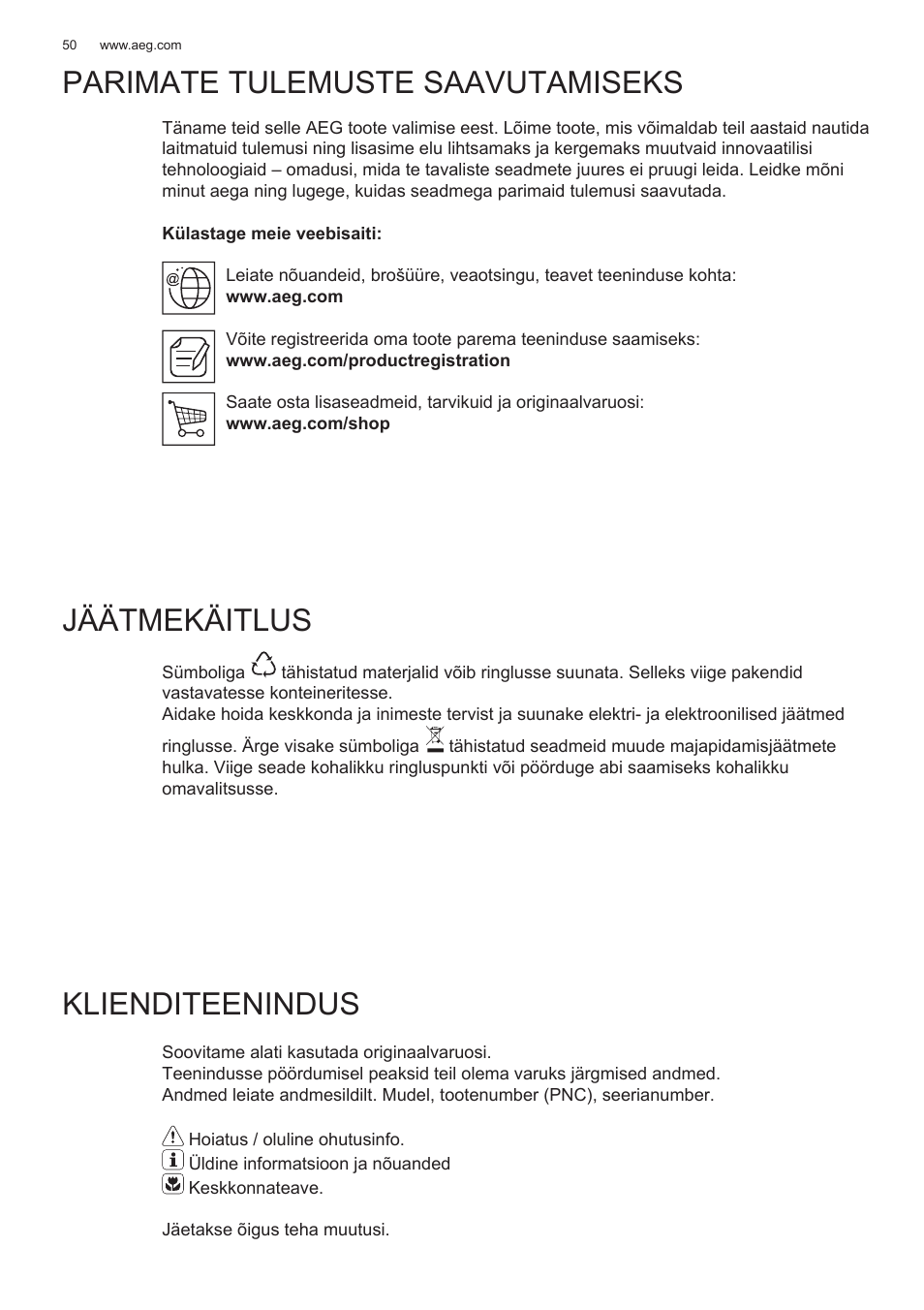 Parimate tulemuste saavutamiseks jäätmekäitlus, Klienditeenindus | AEG X78263BV1 User Manual | Page 50 / 128