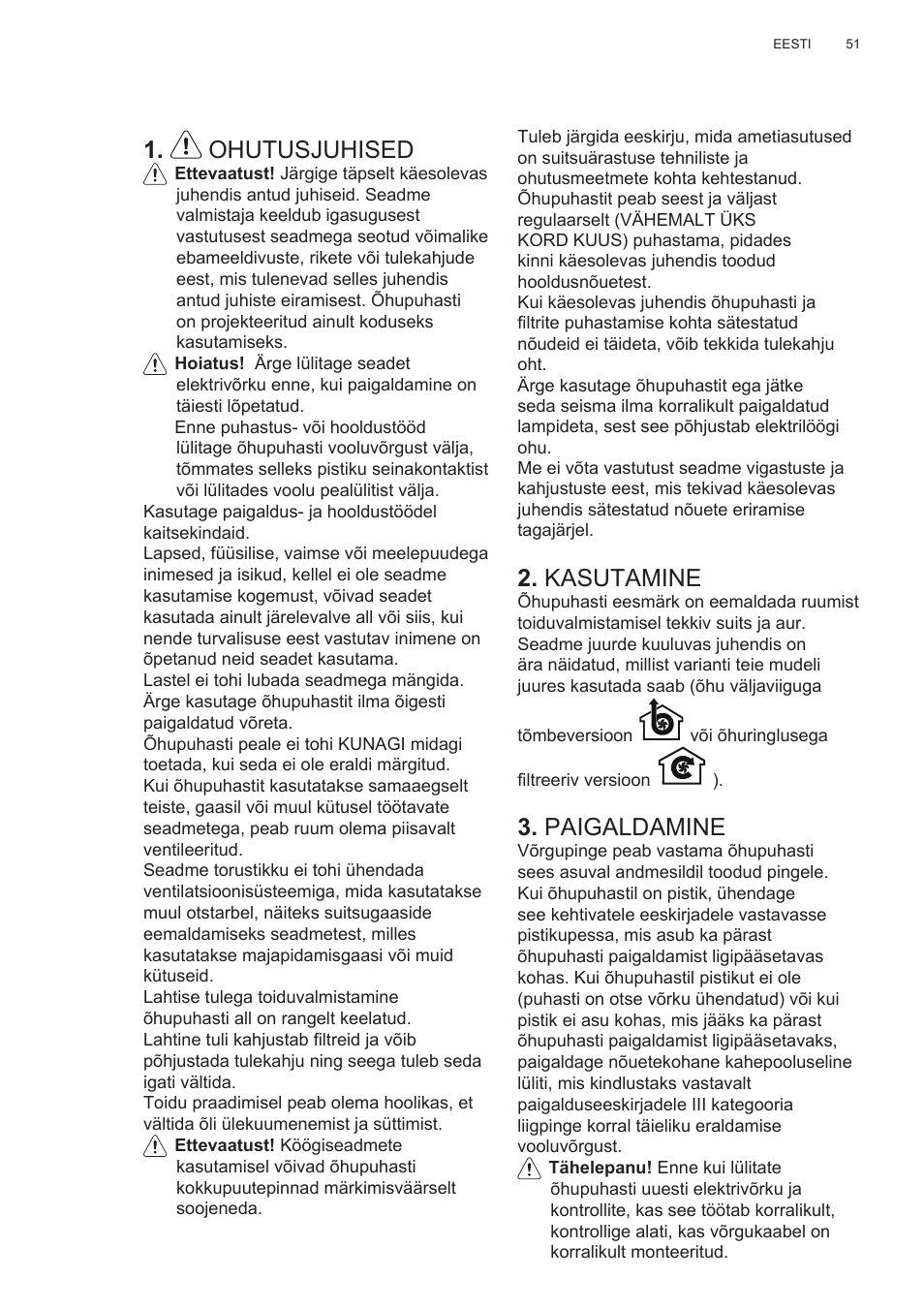 Ohutusjuhised, Kasutamine, Paigaldamine | AEG X78263BV1 User Manual | Page 51 / 128