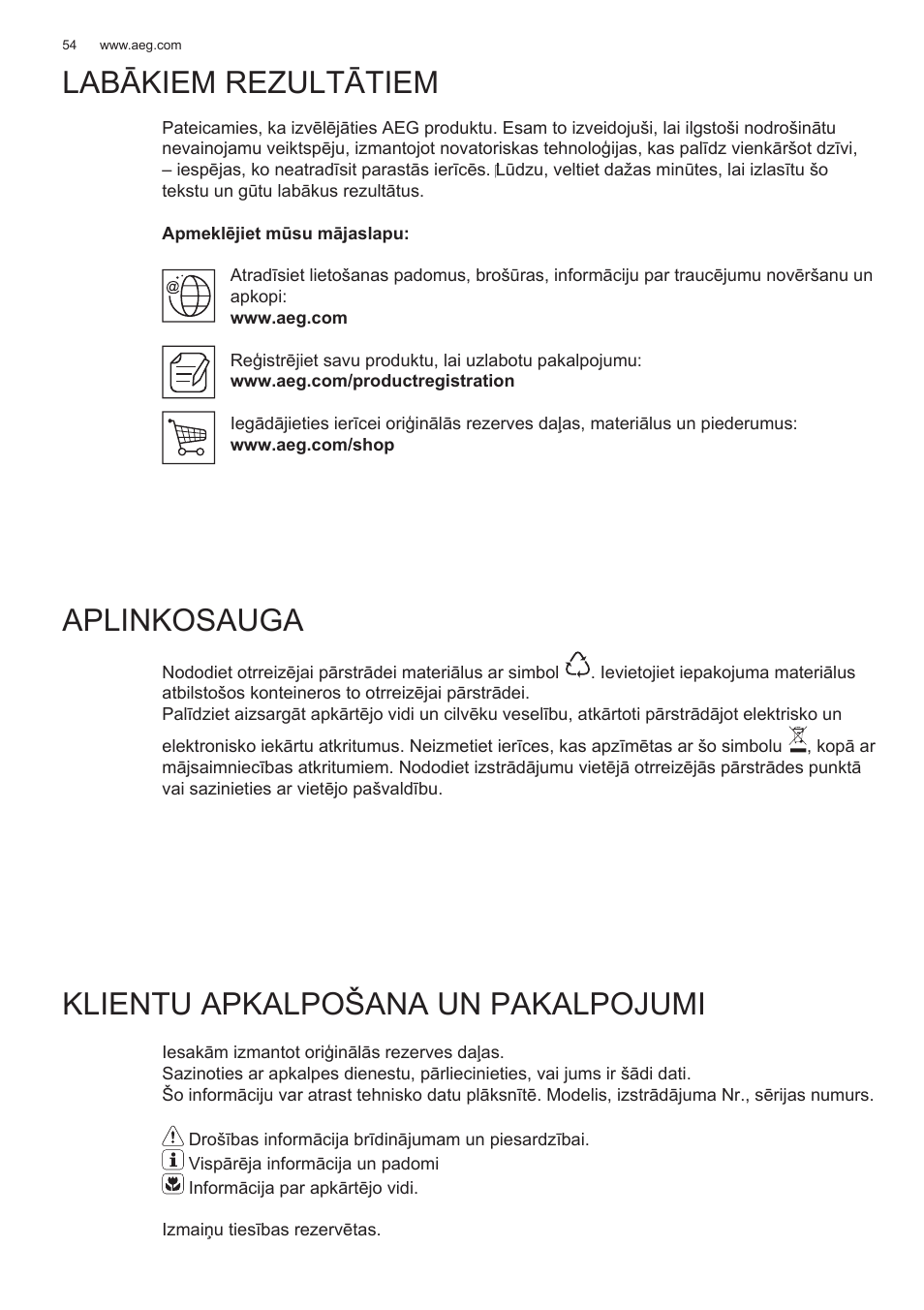 Labākiem rezultātiem aplinkosauga, Klientu apkalpošana un pakalpojumi | AEG X78263BV1 User Manual | Page 54 / 128