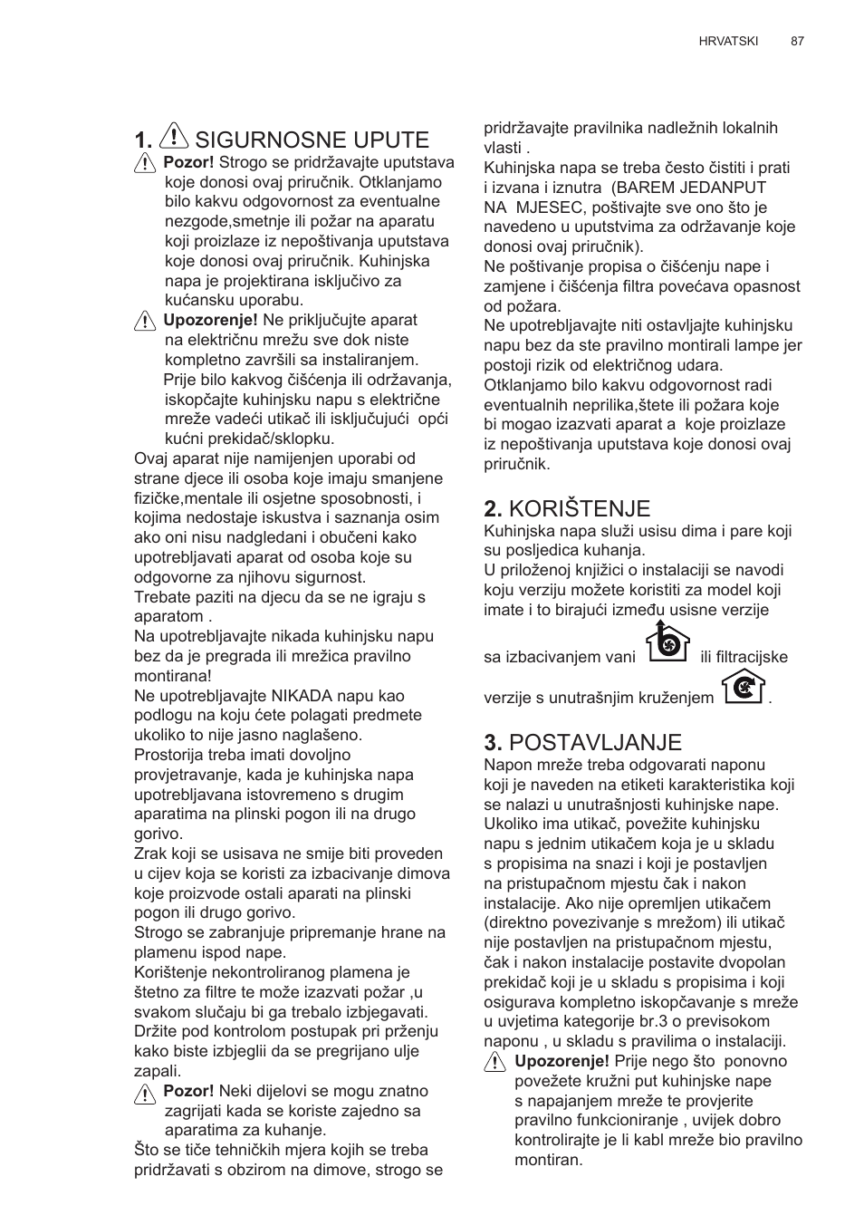 Sigurnosne upute, Korištenje, Postavljanje | AEG X78263BV1 User Manual | Page 87 / 128