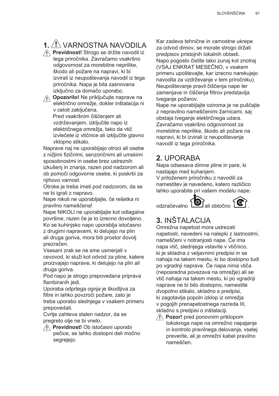 Varnostna navodila, Uporaba, Inštalacija | AEG X78263BV1 User Manual | Page 91 / 128