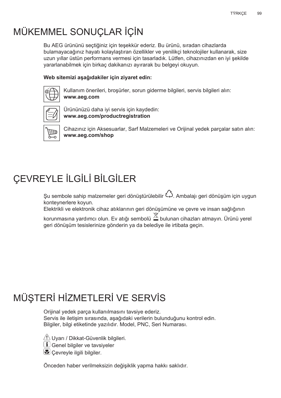 Mükemmel sonuçlar için, Çevreyle ilgili bilgiler, Müşteri hizmetleri ve servis | AEG X78263BV1 User Manual | Page 99 / 128