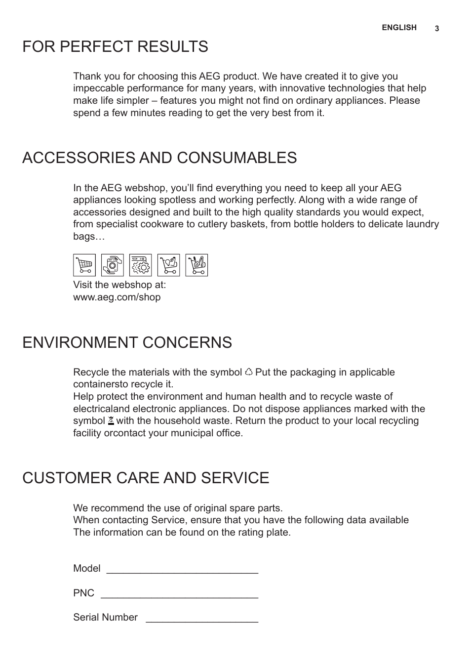 For perfect results, Accessories and consumables, Environment concerns | Customer care and service | AEG X69453MD0 User Manual | Page 3 / 96