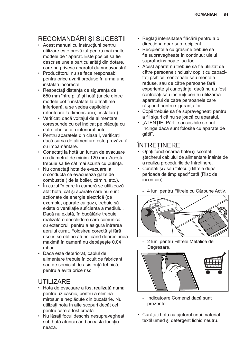 Recomandări şi sugestii, Utilizare, Întreţinere | AEG X69453MD0 User Manual | Page 61 / 96