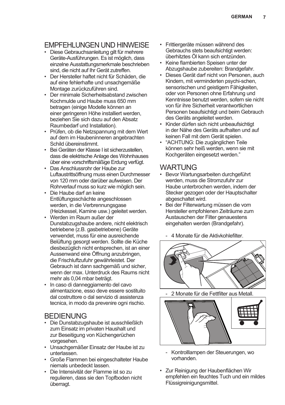 Empfehlungen und hinweise, Bedienung, Wartung | AEG X69453MD0 User Manual | Page 7 / 96