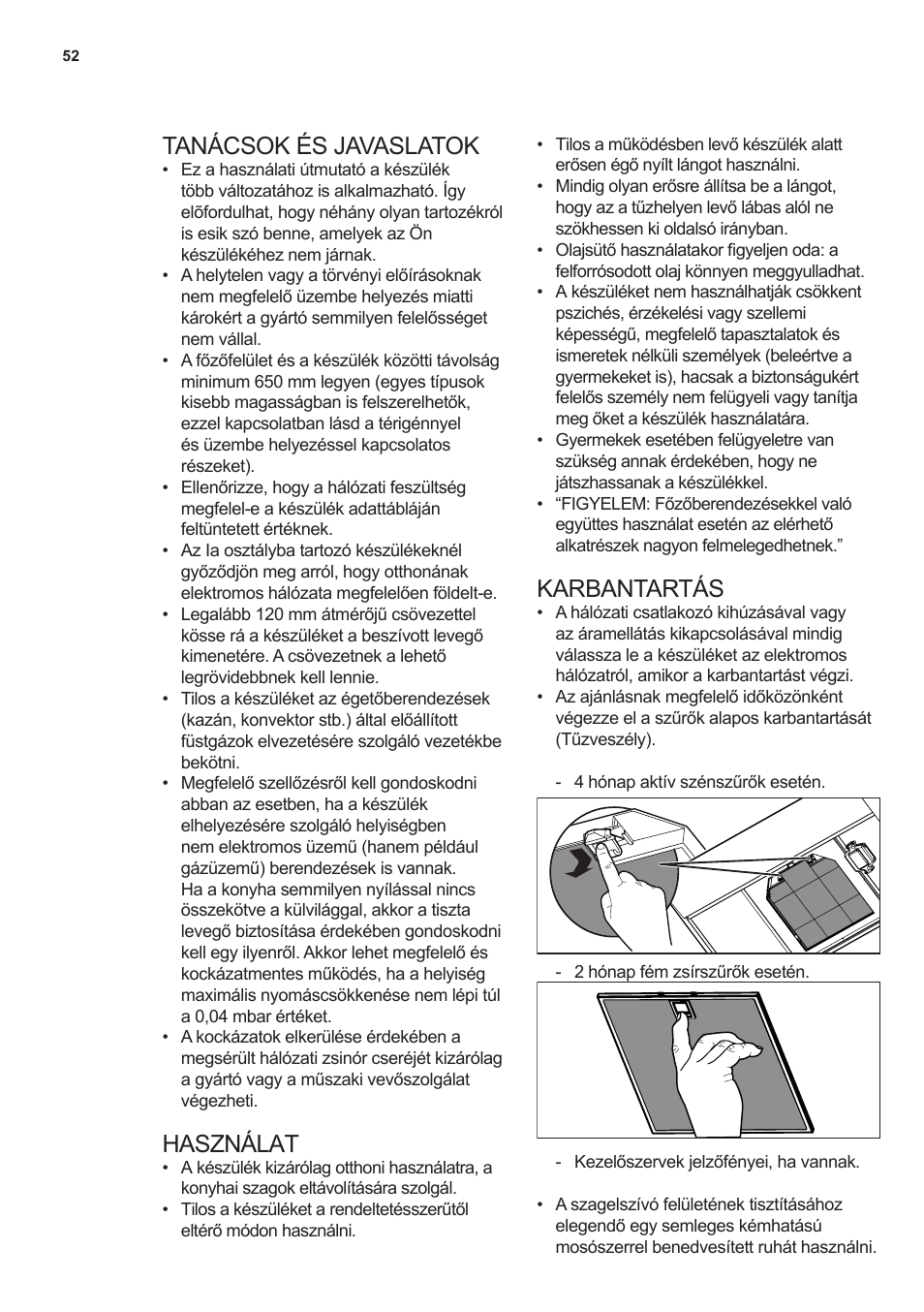 Tanácsok és javaslatok, Használat, Karbantartás | AEG X66453MD0 User Manual | Page 52 / 96