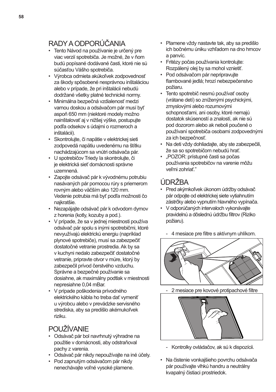 Rady a odporúčania, Používanie, Údržba | AEG X66453MD0 User Manual | Page 58 / 96