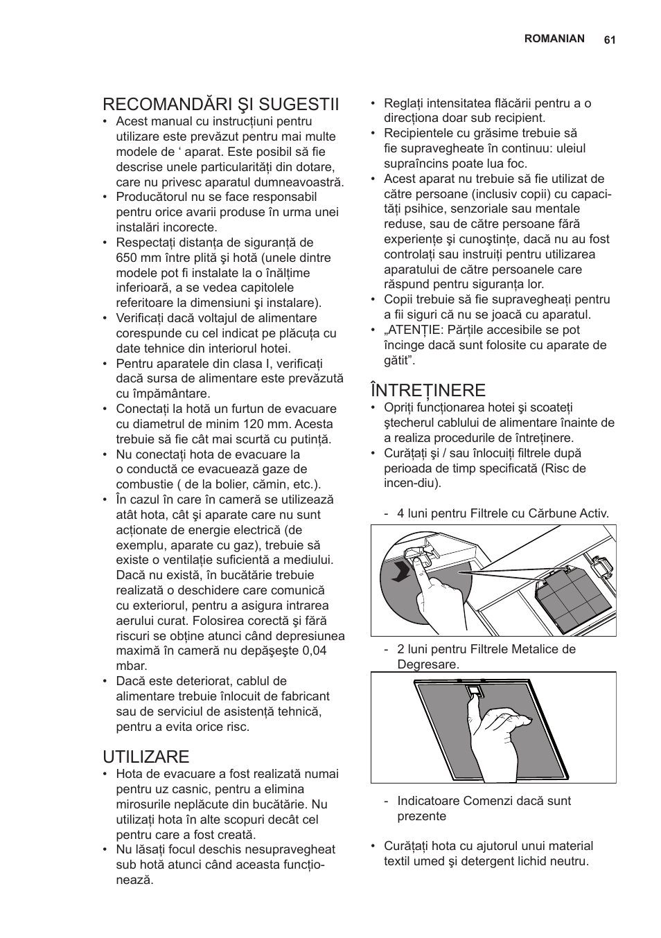 Recomandări şi sugestii, Utilizare, Întreţinere | AEG X66453MD0 User Manual | Page 61 / 96