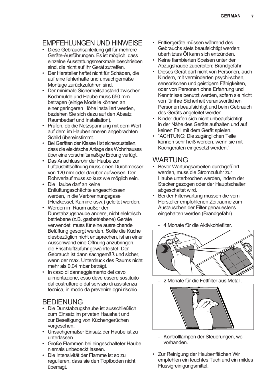 Empfehlungen und hinweise, Bedienung, Wartung | AEG X66453MD0 User Manual | Page 7 / 96