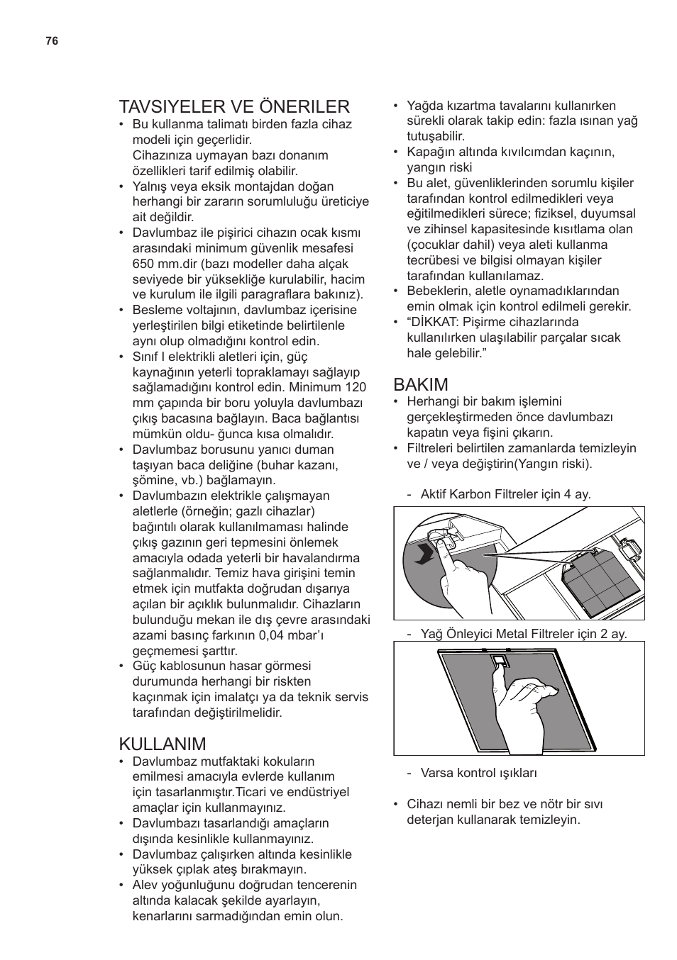 Tavsiyeler ve öneriler, Kullanim, Bakim | AEG X66453MD0 User Manual | Page 76 / 96