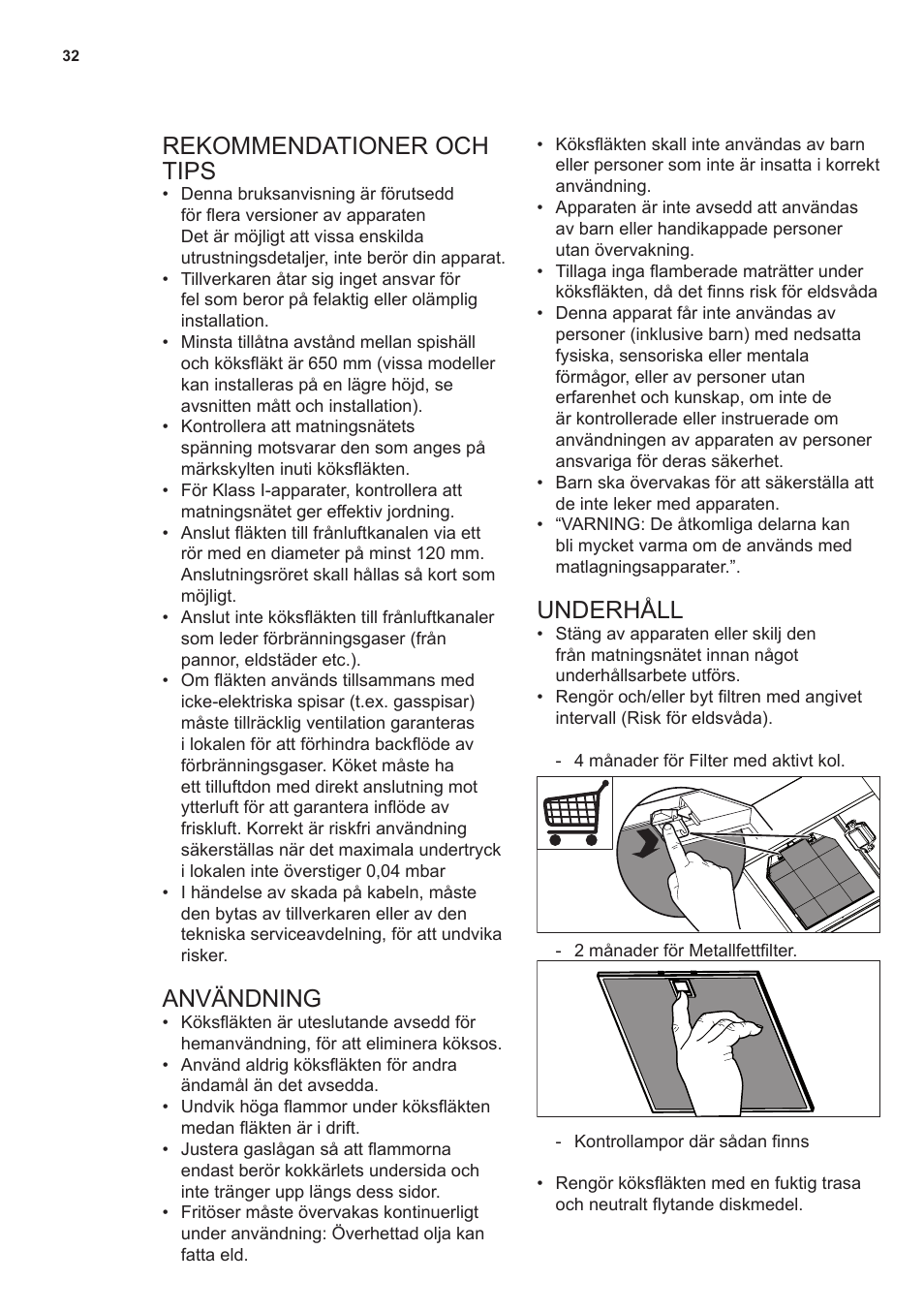 Rekommendationer och tips, Användning, Underhåll | AEG X59143MD0 User Manual | Page 32 / 72