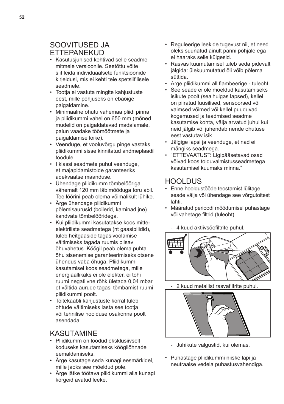 Soovitused ja ettepanekud, Kasutamine, Hooldus | AEG X59143MD0 User Manual | Page 52 / 72